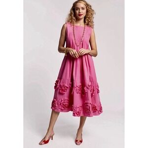 Frances Valentine Sunny Pleated Rosette Poplin Midi Dress Womens Size M Pink